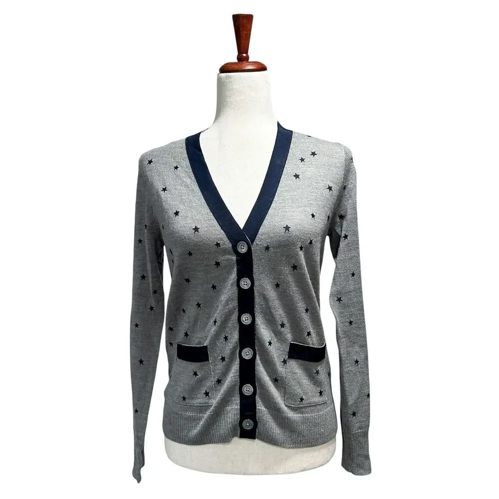 J.Crew Cardigan Small Harlow Star Blue Cardigan Merino Wool Blend Pocket Sweater